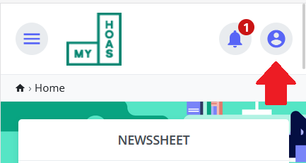 Screenshot of the MyHoas front page. Red arrow pointing at the top right corner of the screen where the profile icon is.