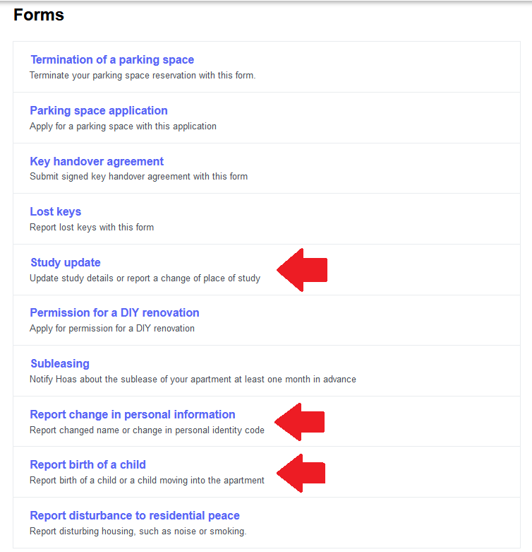 Screenshot of the page with different forms. Red arrows pointing at the Study update, Report change in personal information and Report birth of a child forms.