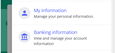 Screenshot of the menu that opens when you click the profile icon on the MyHoas front page. Zoomed to show only My information and Banking information sections.