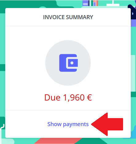 Screenshot of the invoice summary section. Shows what is due of rent. Red arrow pointing at Show payments at the bottom of the screenshot.