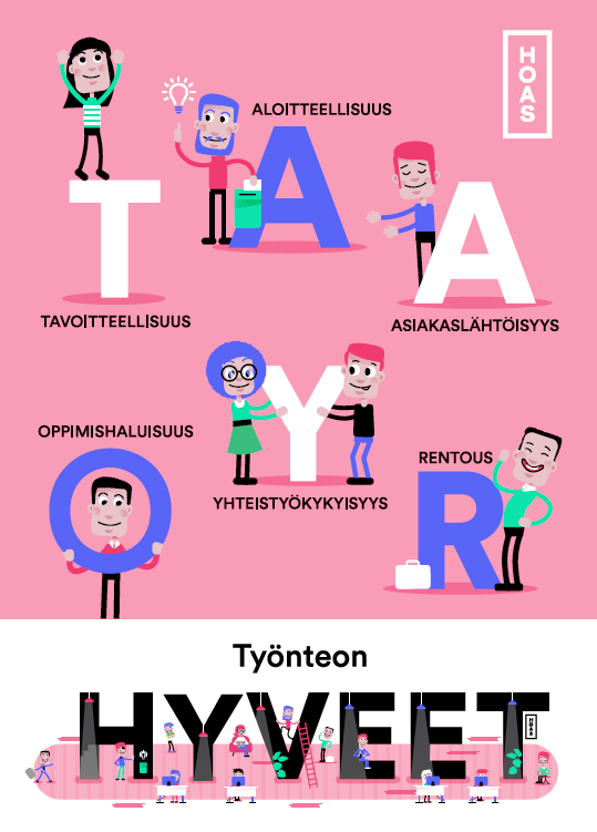 Työnteon hyveitä Hoasilla ovat aloitteellisuus, tavoitteellisuus, asiakaslähtöisyys, oppimishalusuus, yhteistyökykyisyys ja rentous.